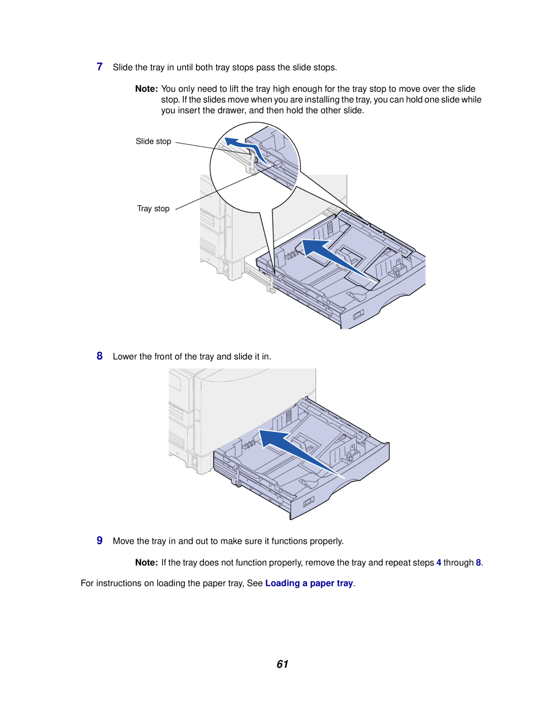 Lexmark 910 manual Slide the tray in until both tray stops pass the slide stops 