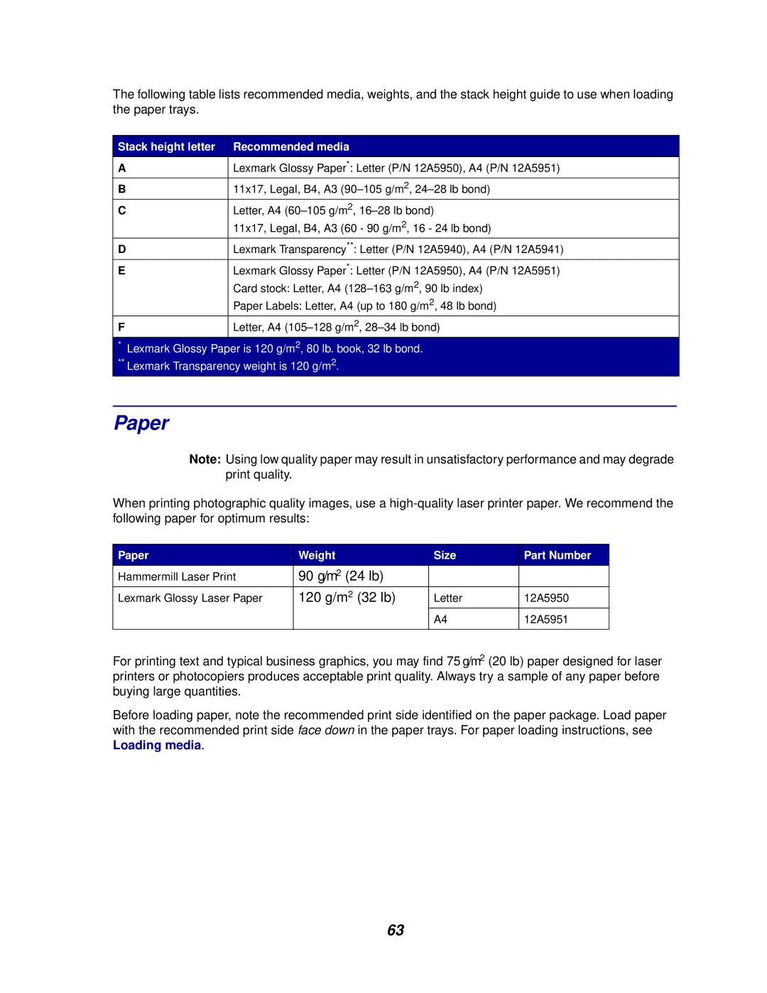 Lexmark 910 manual Paper, Stack height letter Recommended media 