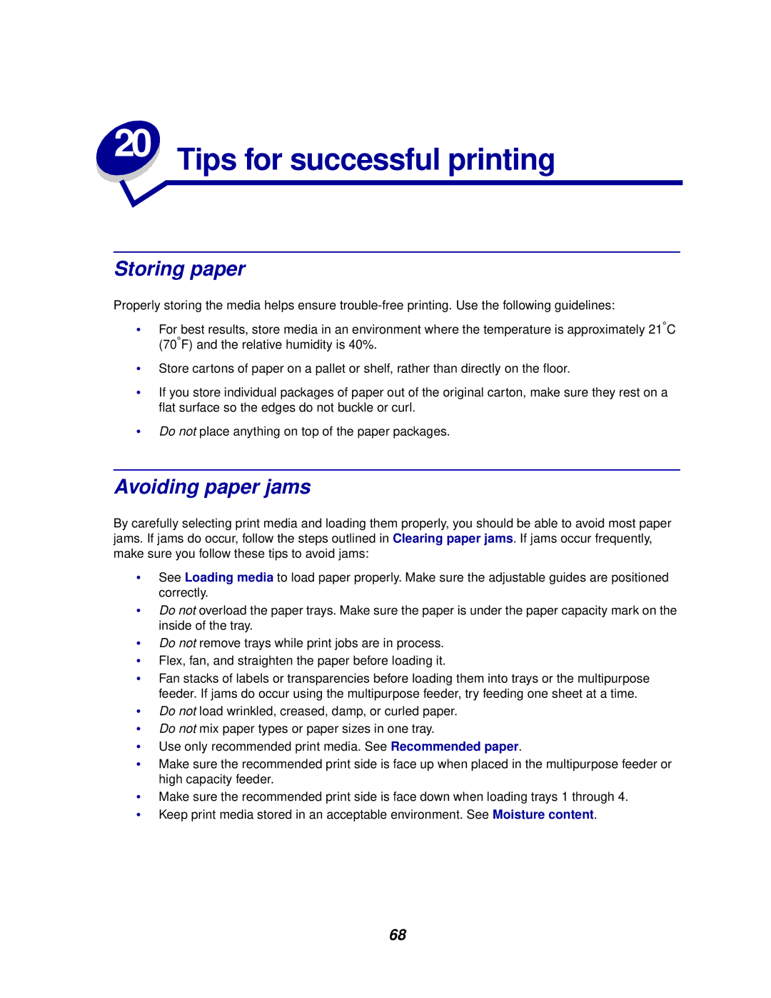 Lexmark 910 manual Tips for successful printing, Storing paper, Avoiding paper jams 