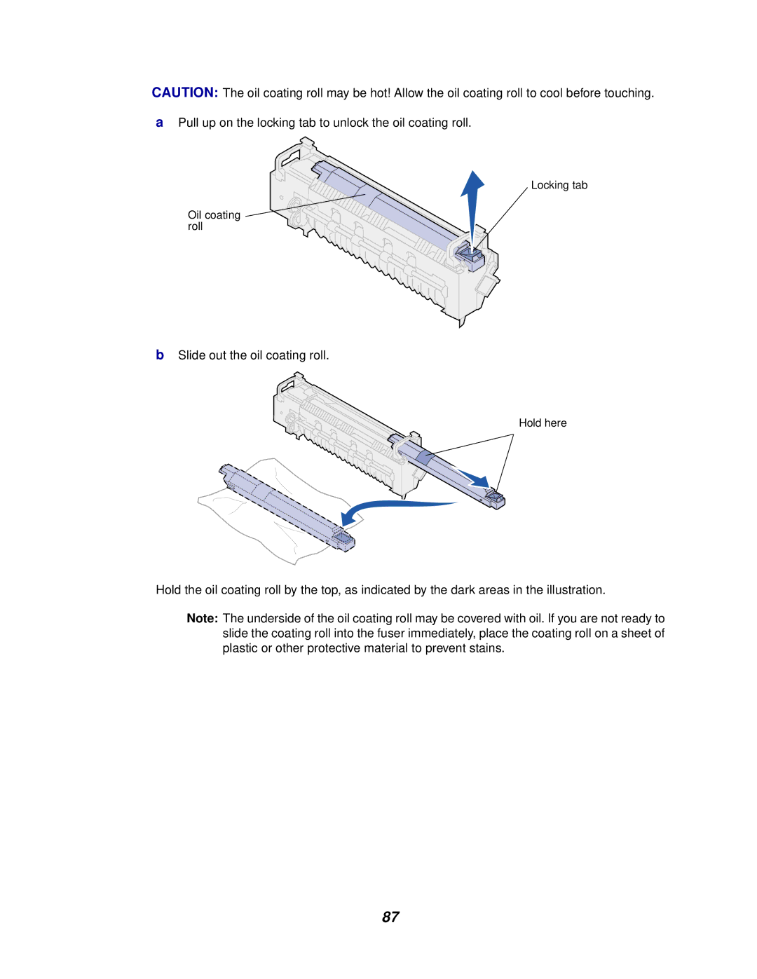 Lexmark 910 manual Pull up on the locking tab to unlock the oil coating roll 