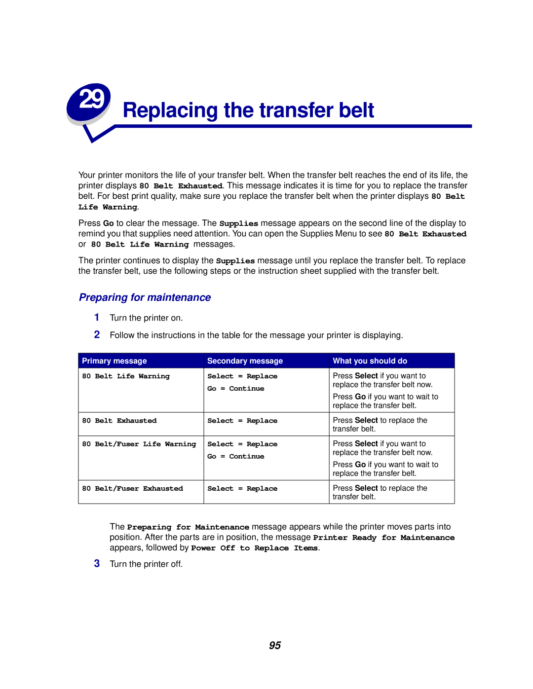 Lexmark 910 manual Replacing the transfer belt, Preparing for maintenance 