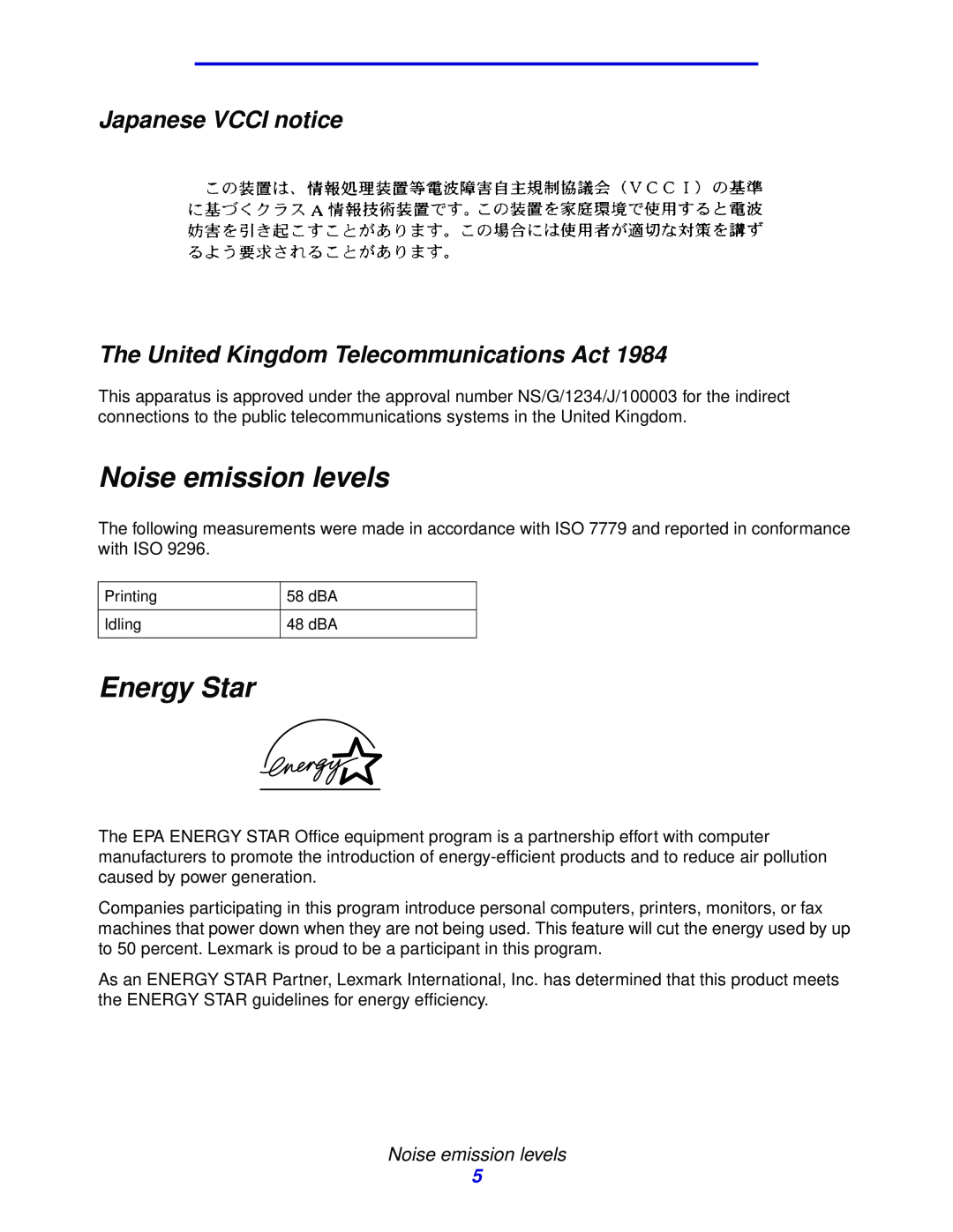 Lexmark 912 manual Noise emission levels, Energy Star, Japanese VCCI notice The United Kingdom Telecommunications Act 