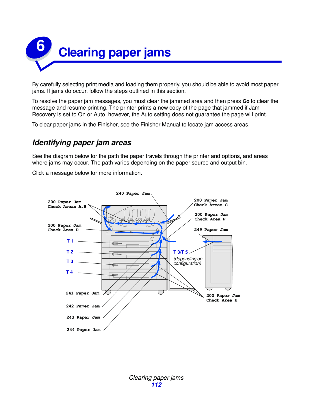 Lexmark 912 manual Clearing paper jams, Identifying paper jam areas 