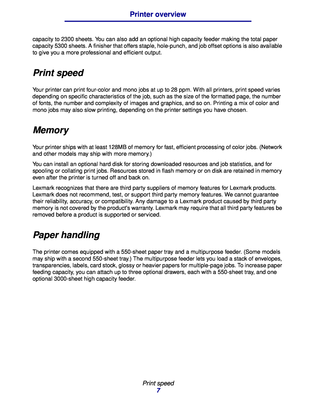 Lexmark 912 manual Print speed, Memory, Paper handling, Printer overview 