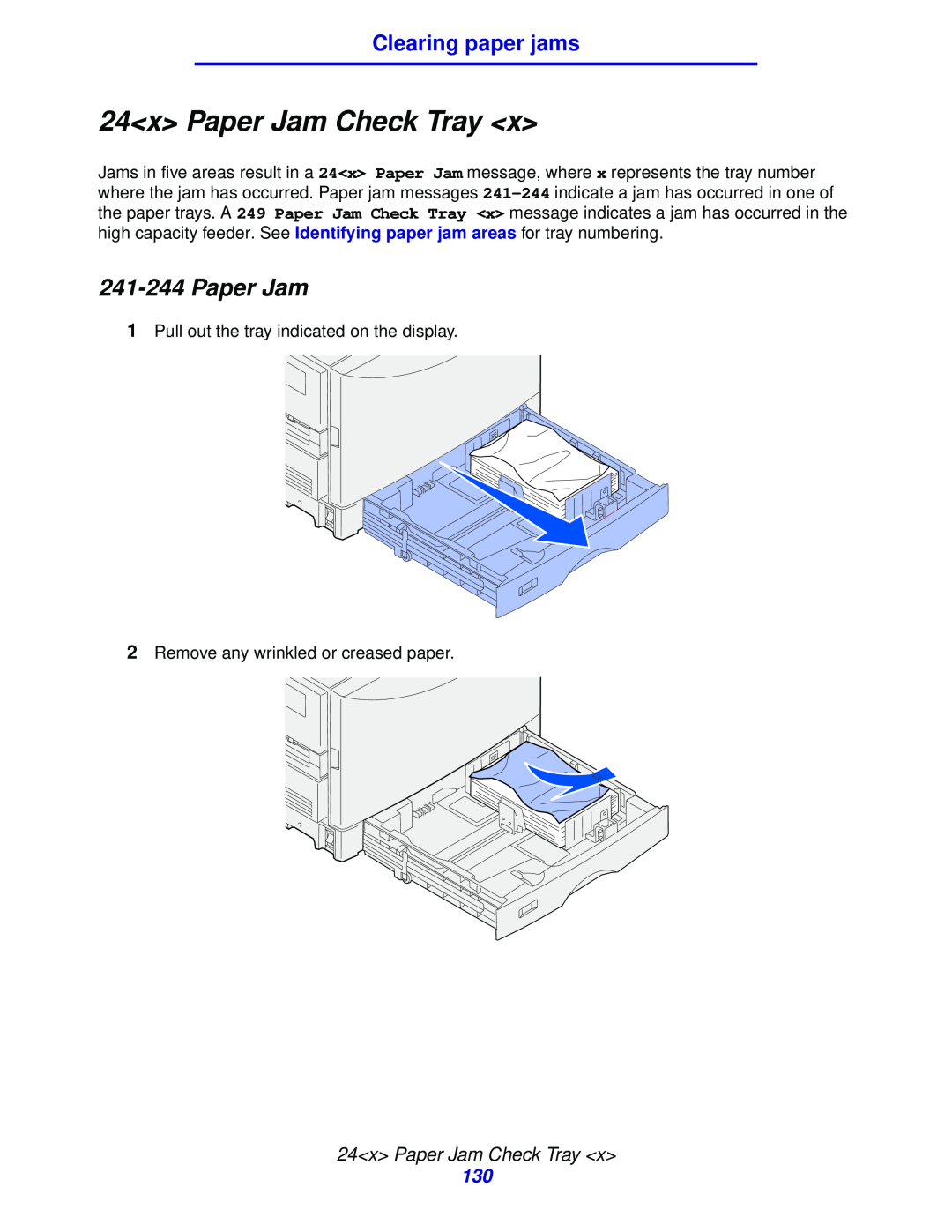 Lexmark 912 manual 24x Paper Jam Check Tray, Clearing paper jams 