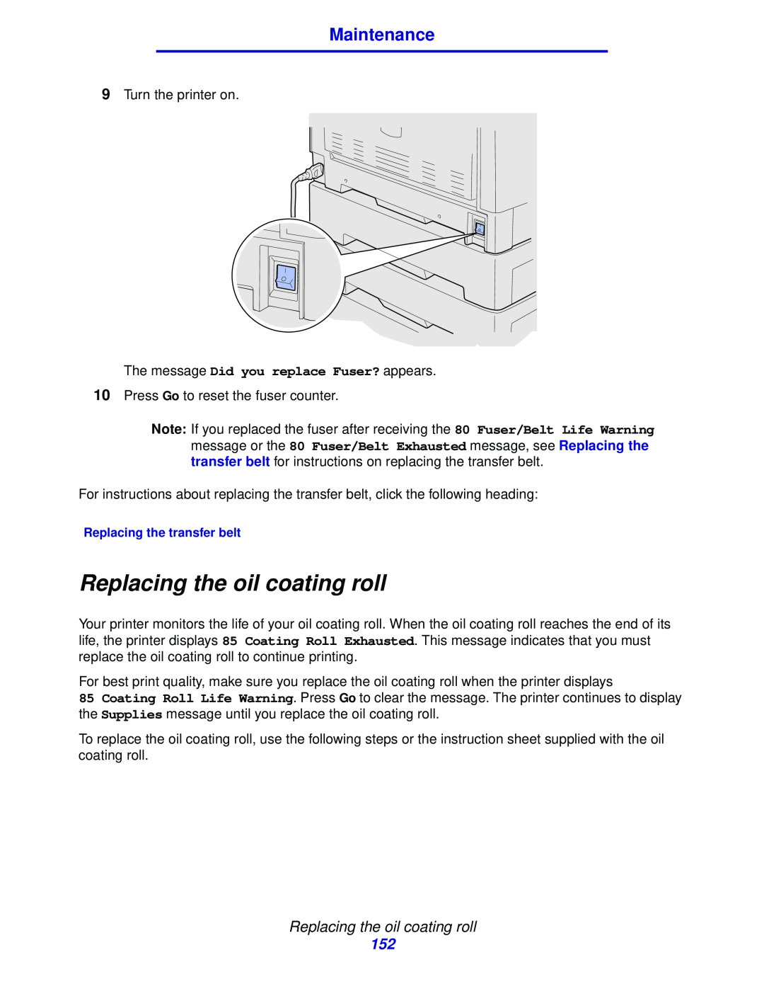Lexmark 912 manual Replacing the oil coating roll, Maintenance 
