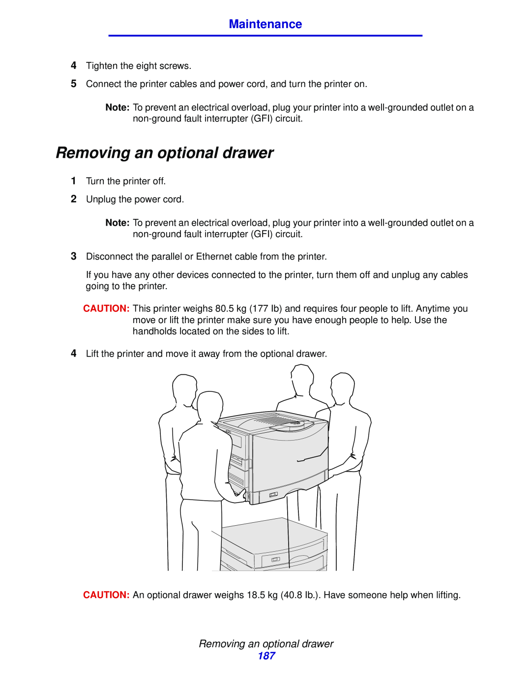 Lexmark 912 manual Removing an optional drawer, Maintenance 