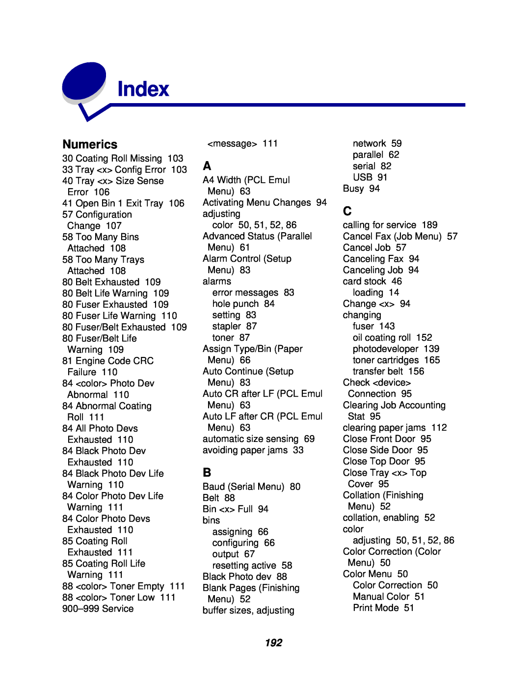 Lexmark 912 manual Index, Numerics 