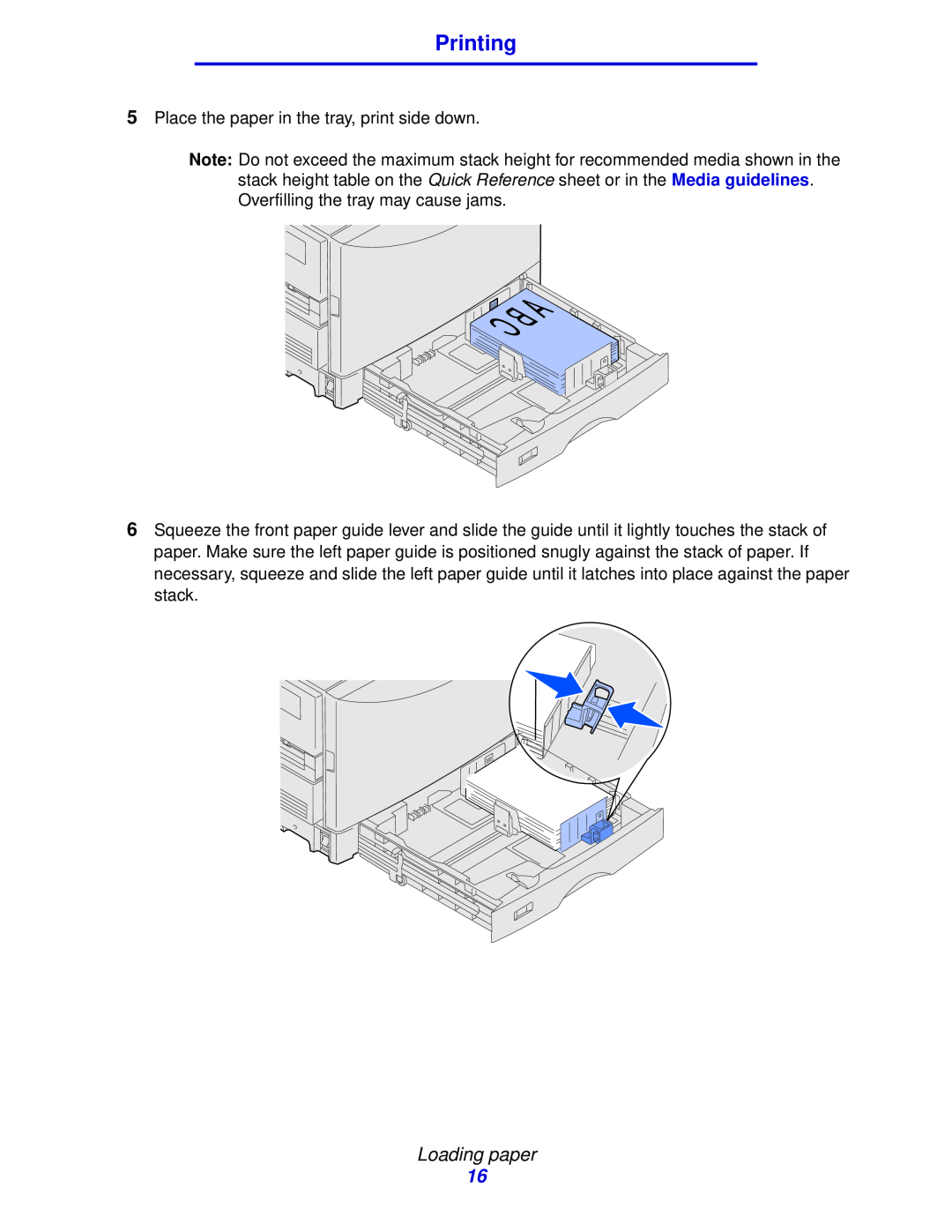 Lexmark 912 manual Printing, Loading paper, Place the paper in the tray, print side down 