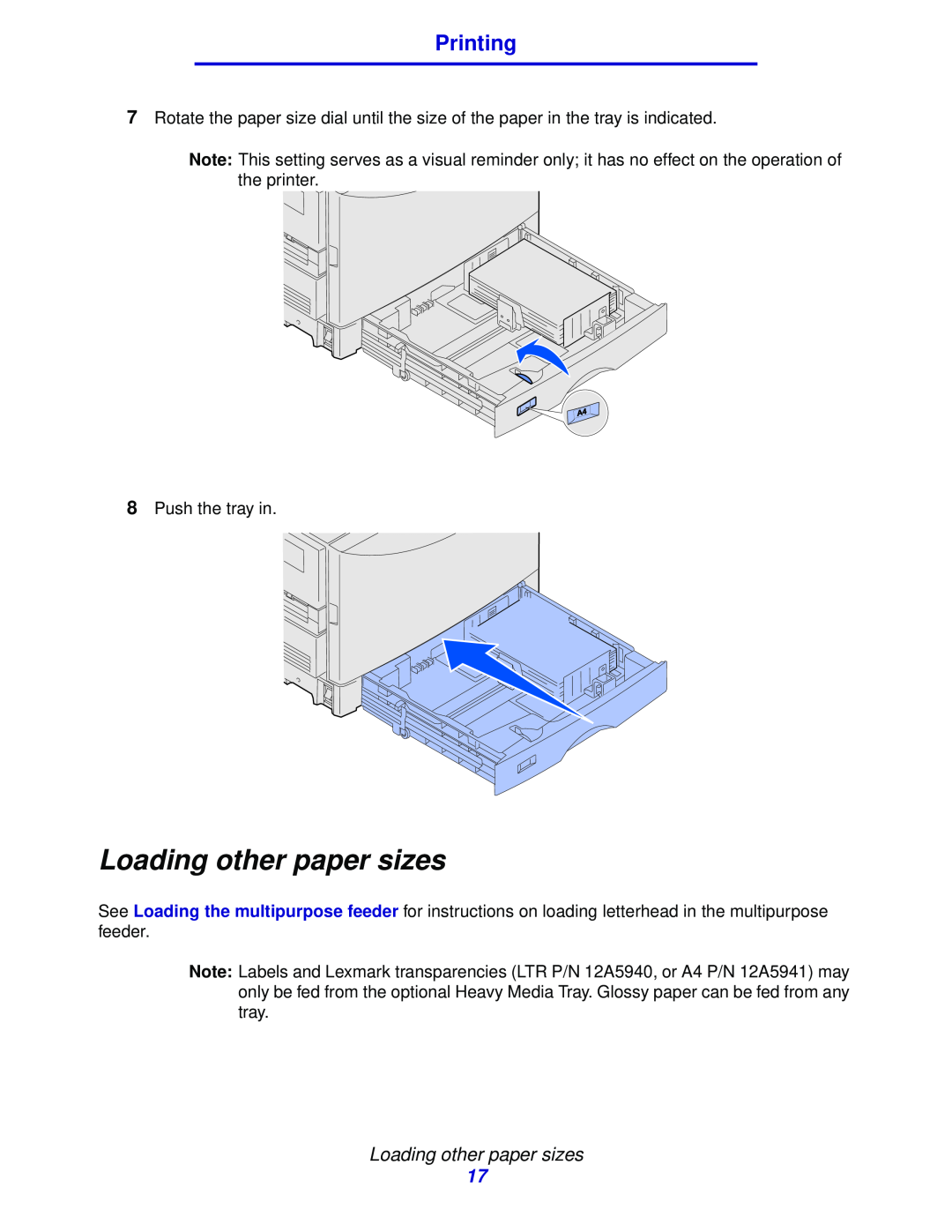 Lexmark 912 manual Loading other paper sizes, Printing 