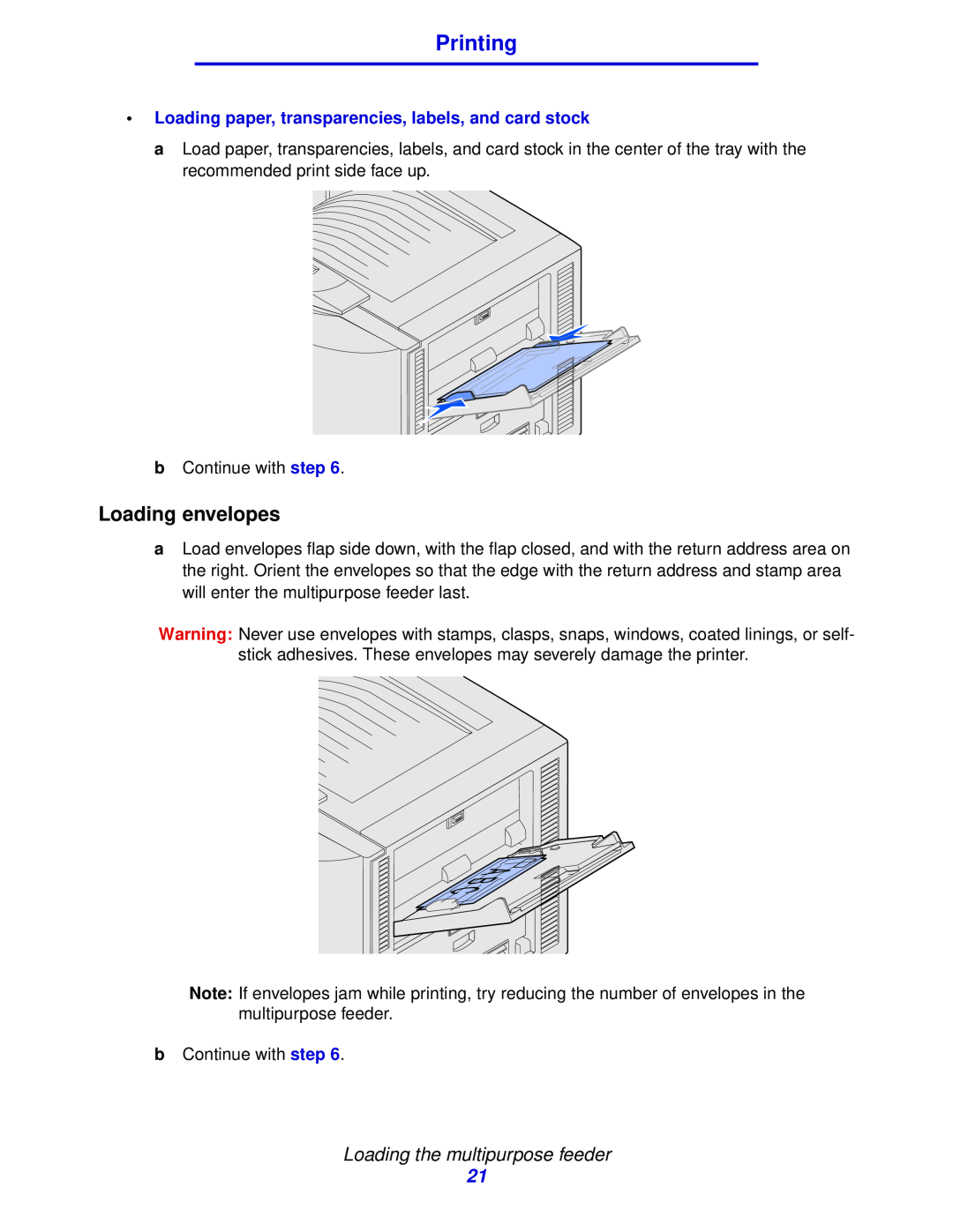 Lexmark 912 manual Loading envelopes, Printing, Loading the multipurpose feeder 