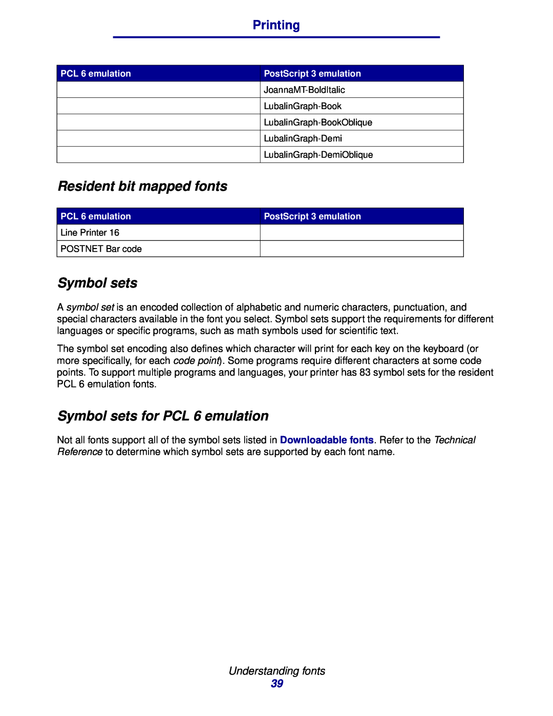 Lexmark 912 manual Resident bit mapped fonts, Symbol sets for PCL 6 emulation, Printing, Understanding fonts 