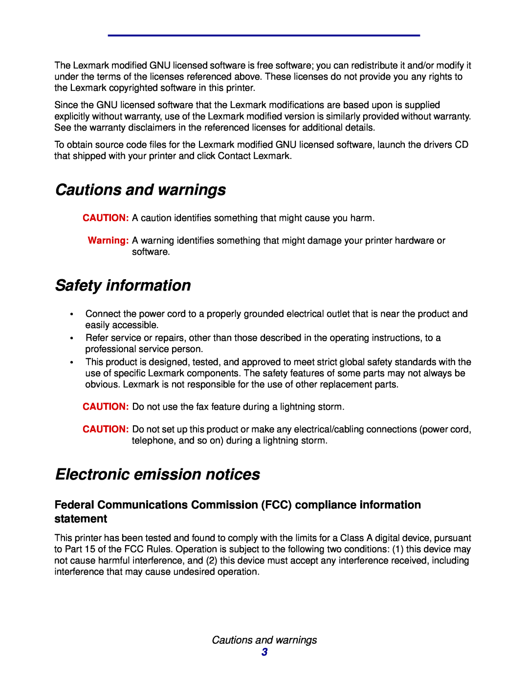 Lexmark 912 manual Cautions and warnings, Safety information, Electronic emission notices 