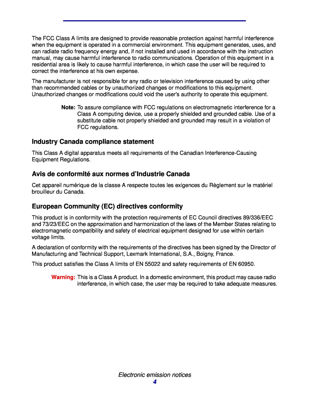 Lexmark 912 manual Industry Canada compliance statement, Avis de conformité aux normes d’Industrie Canada 