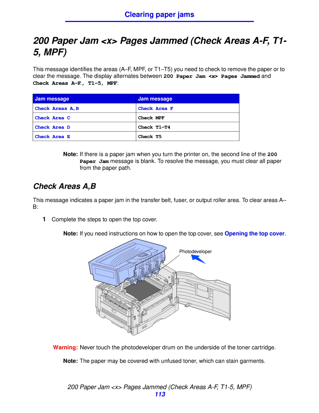 Lexmark 912 manual Paper Jam x Pages Jammed Check Areas A-F, T1- 5, MPF, Check Areas A,B 