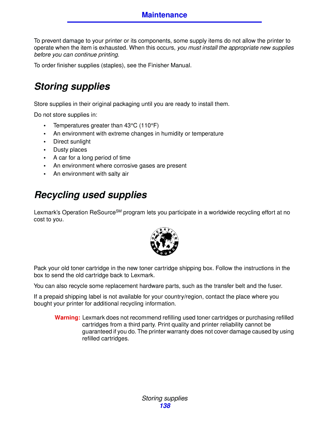 Lexmark 912 manual Storing supplies, Recycling used supplies 