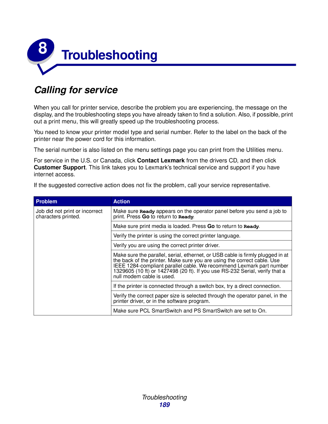 Lexmark 912 manual Troubleshooting, Calling for service 