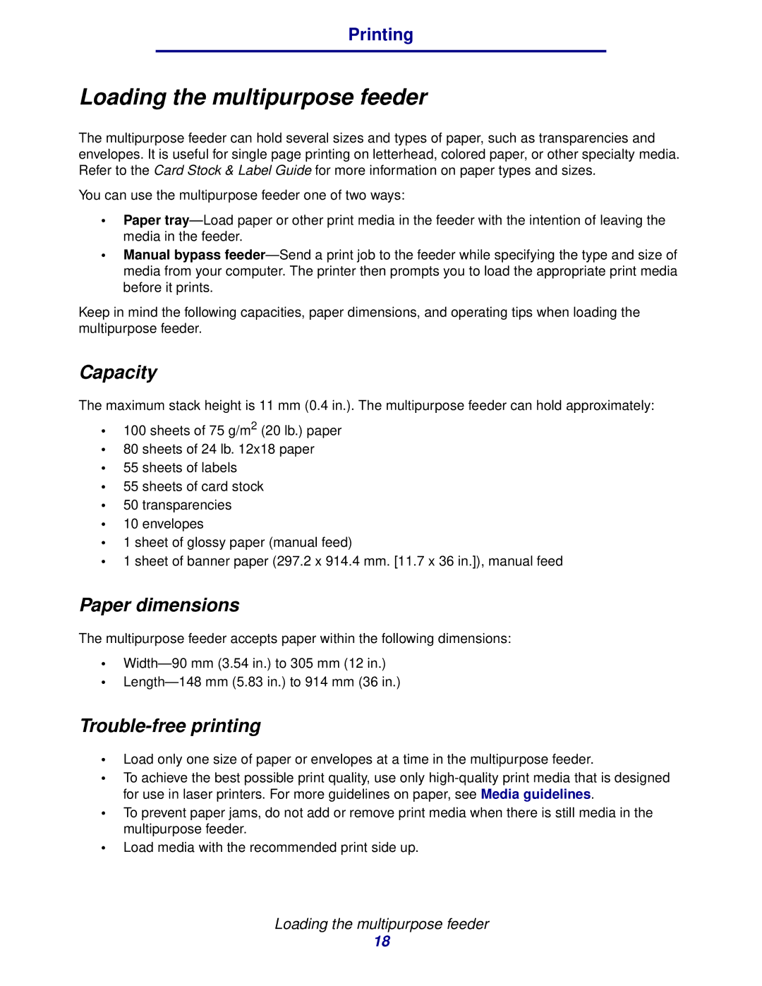 Lexmark 912 manual Loading the multipurpose feeder, Capacity, Paper dimensions, Trouble-free printing 