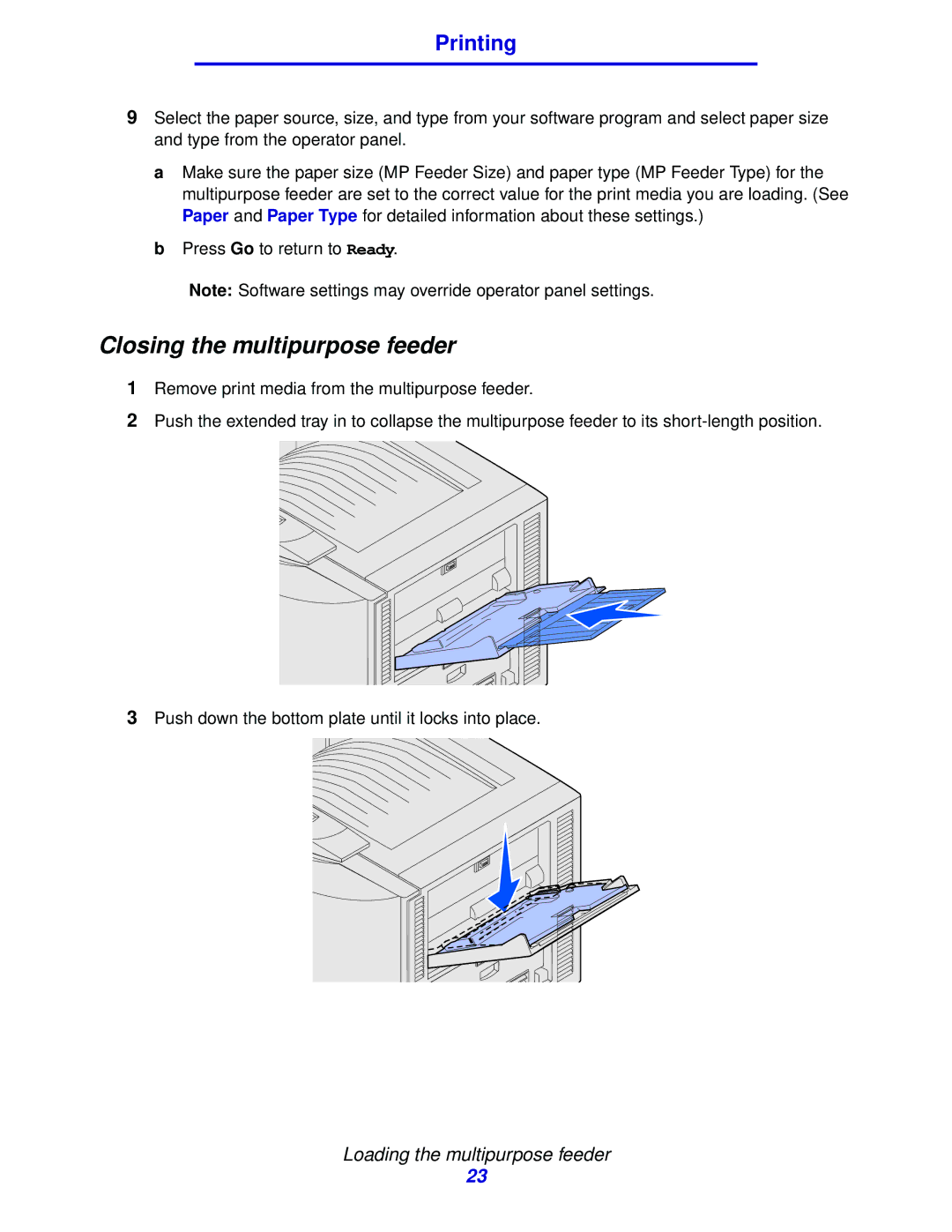 Lexmark 912 manual Closing the multipurpose feeder 