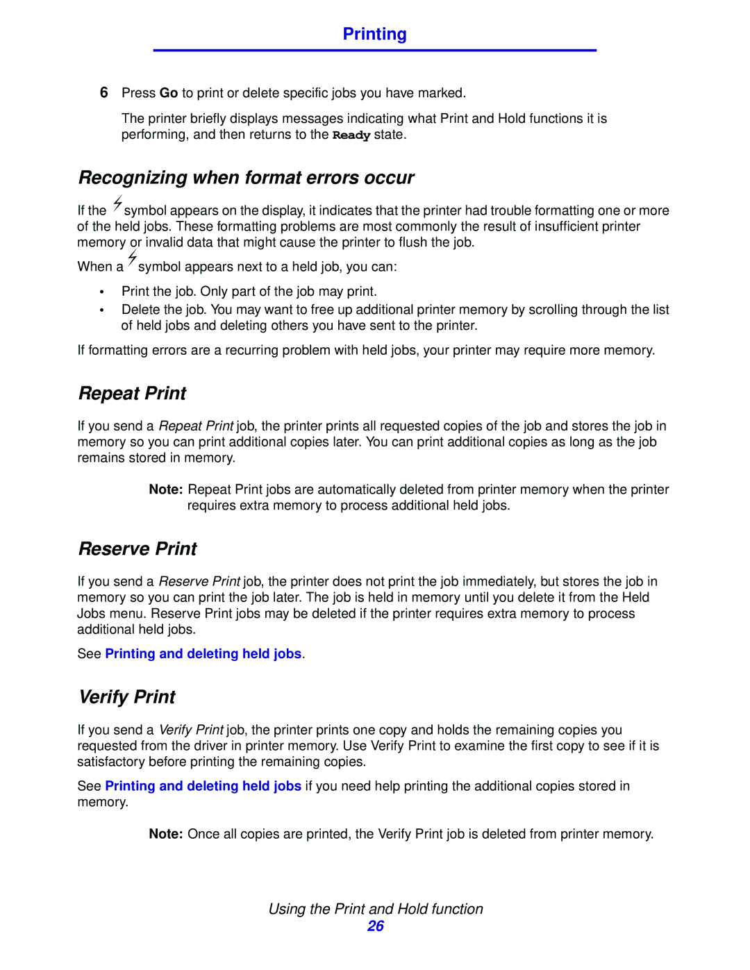 Lexmark 912 manual Recognizing when format errors occur, Repeat Print, Reserve Print, Verify Print 