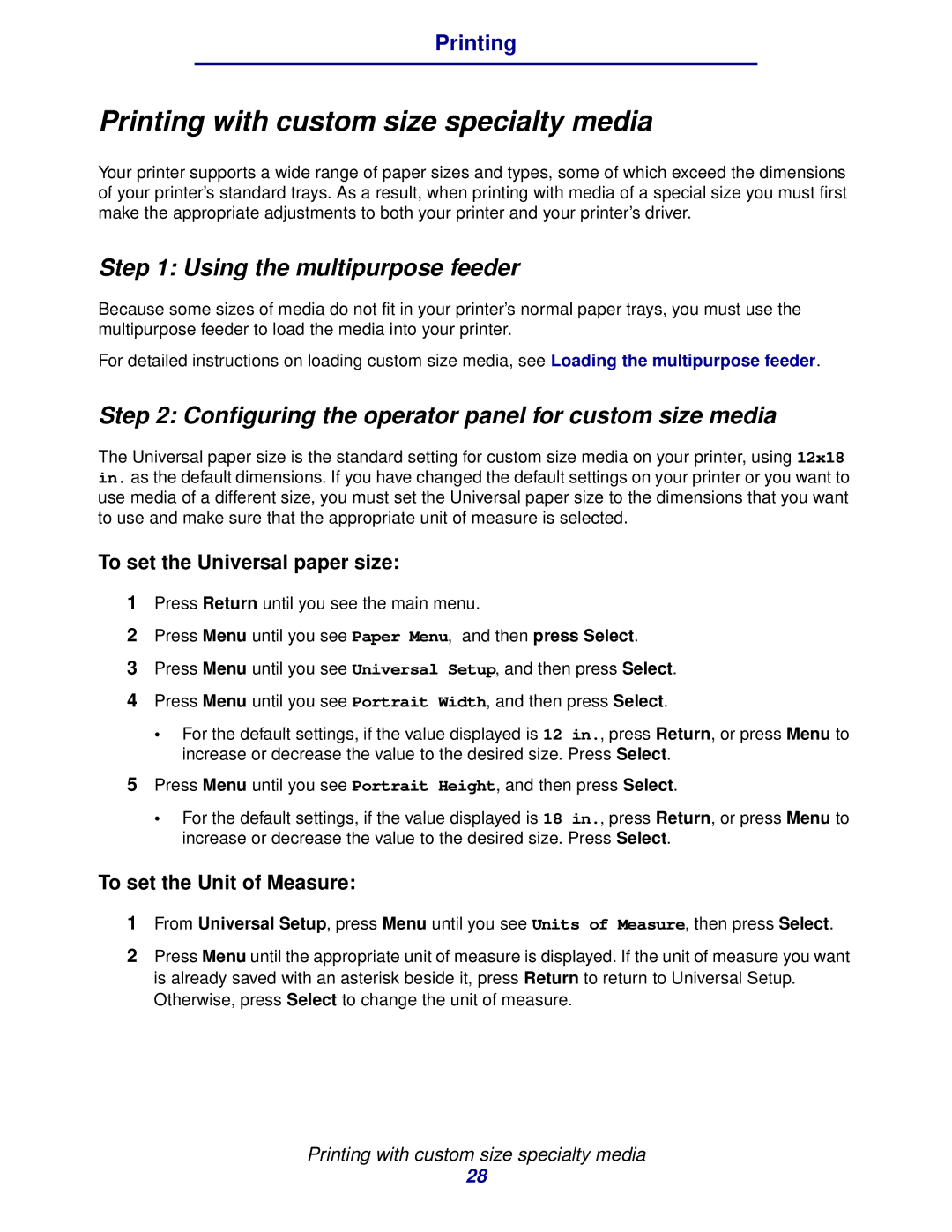 Lexmark 912 manual Printing with custom size specialty media, Using the multipurpose feeder 