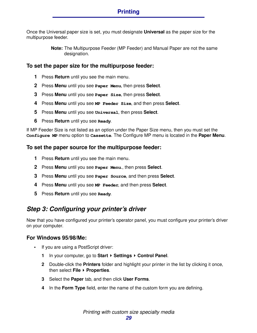 Lexmark 912 manual Configuring your printer’s driver, To set the paper size for the multipurpose feeder 