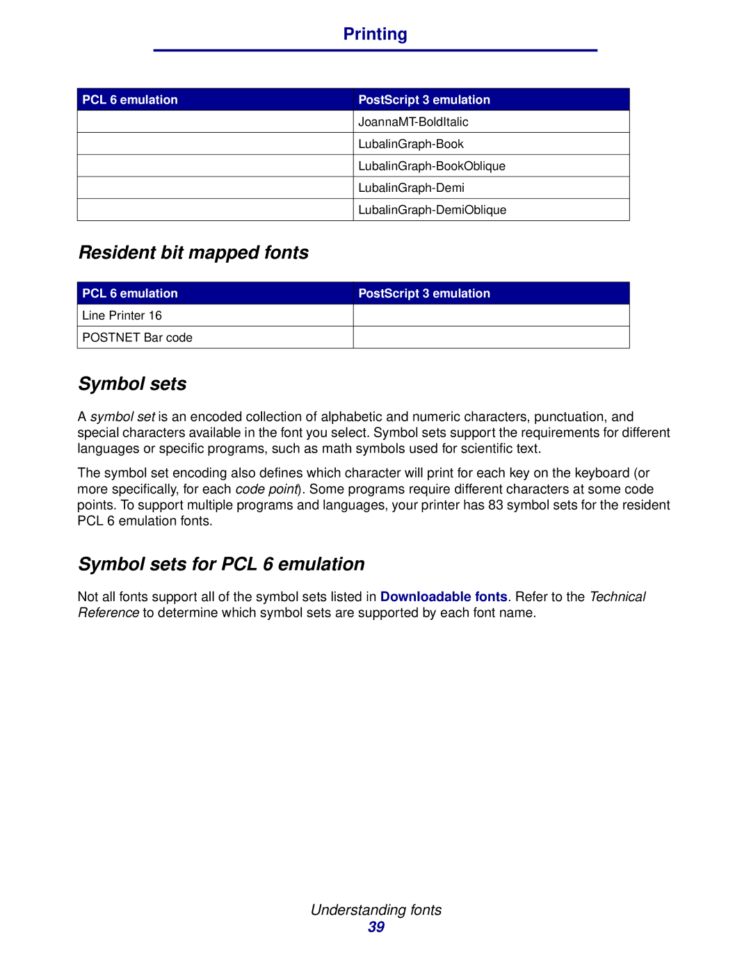 Lexmark 912 manual Resident bit mapped fonts, Symbol sets for PCL 6 emulation 