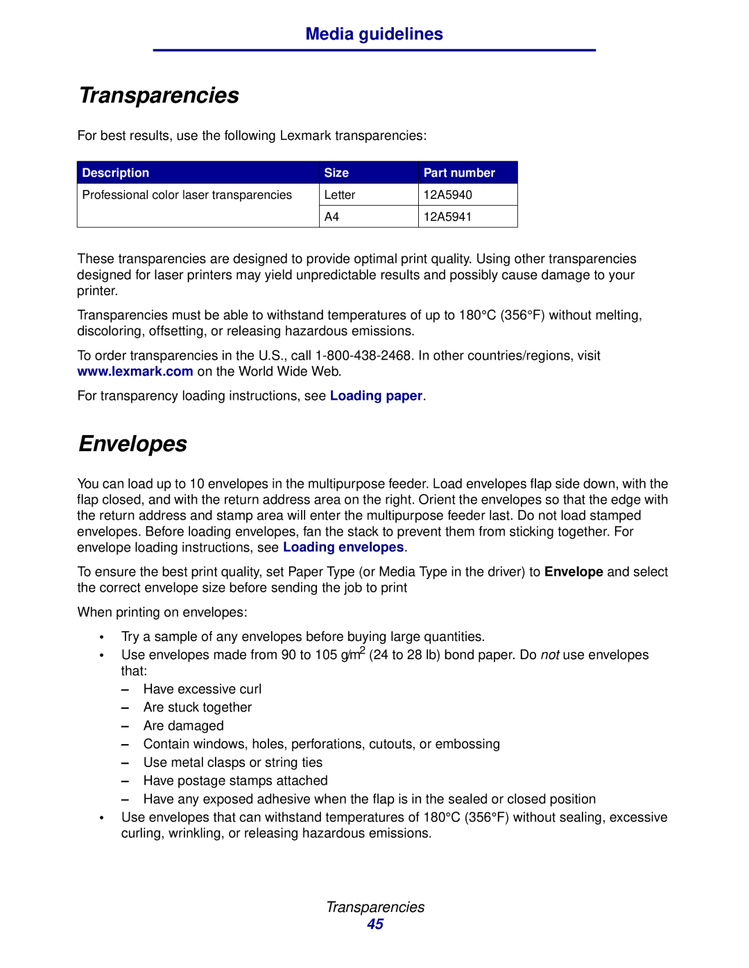 Lexmark 912 manual Transparencies, Envelopes 