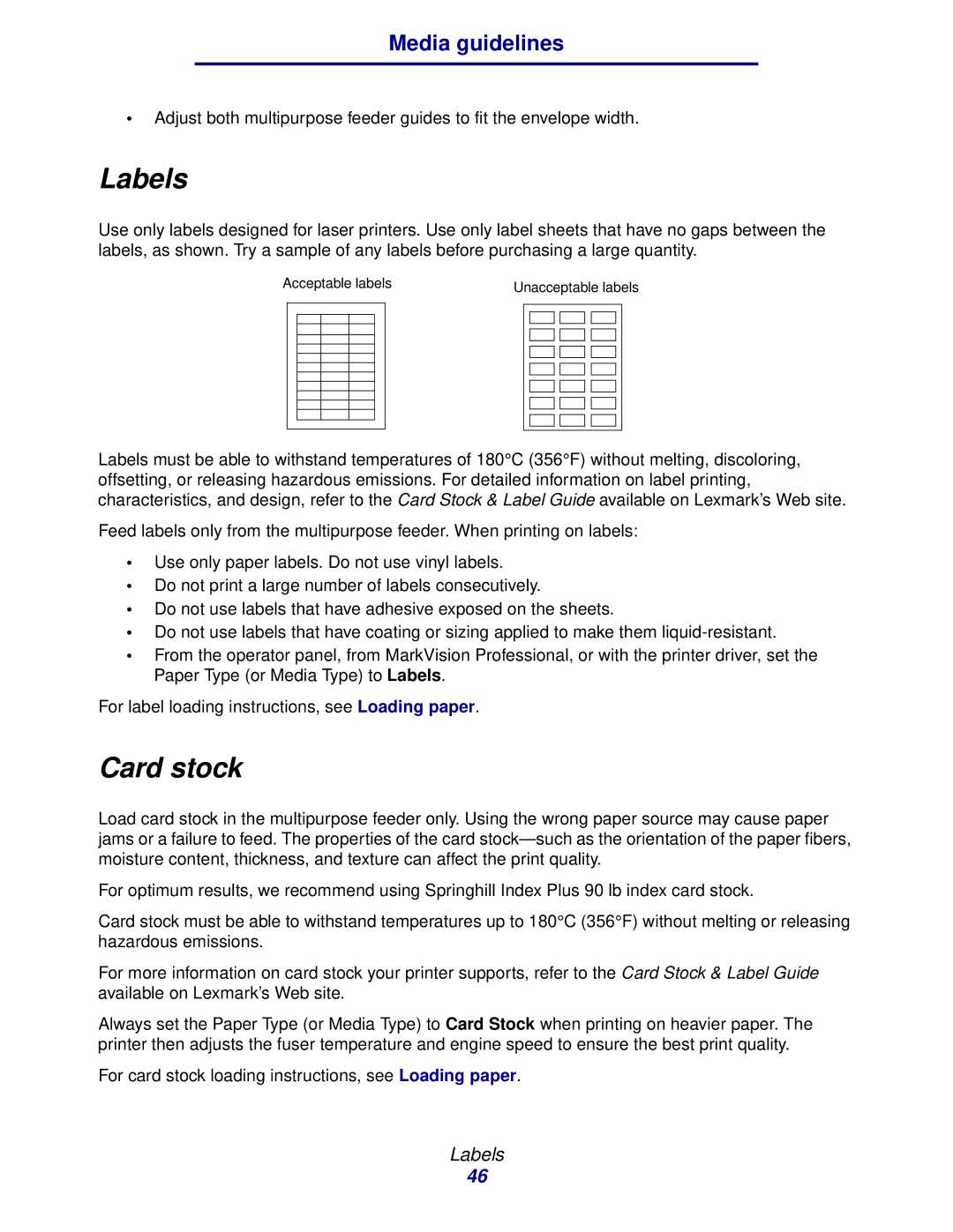 Lexmark 912 manual Labels, Card stock 