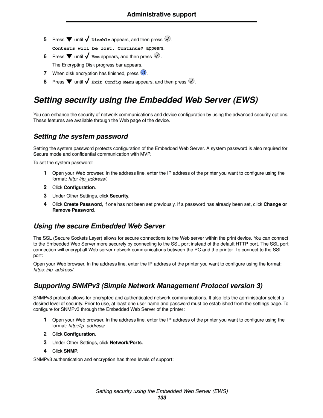 Lexmark 920 manual Setting security using the Embedded Web Server EWS, Setting the system password, Administrative support 