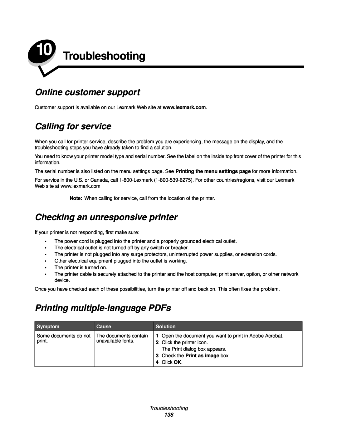 Lexmark 920 manual Troubleshooting, Online customer support, Calling for service, Checking an unresponsive printer 