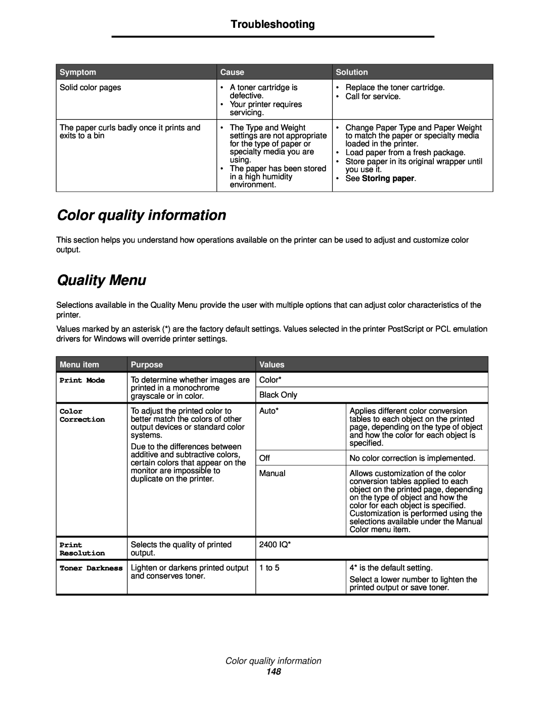 Lexmark 920 manual Color quality information, Quality Menu, Troubleshooting, See Storing paper 