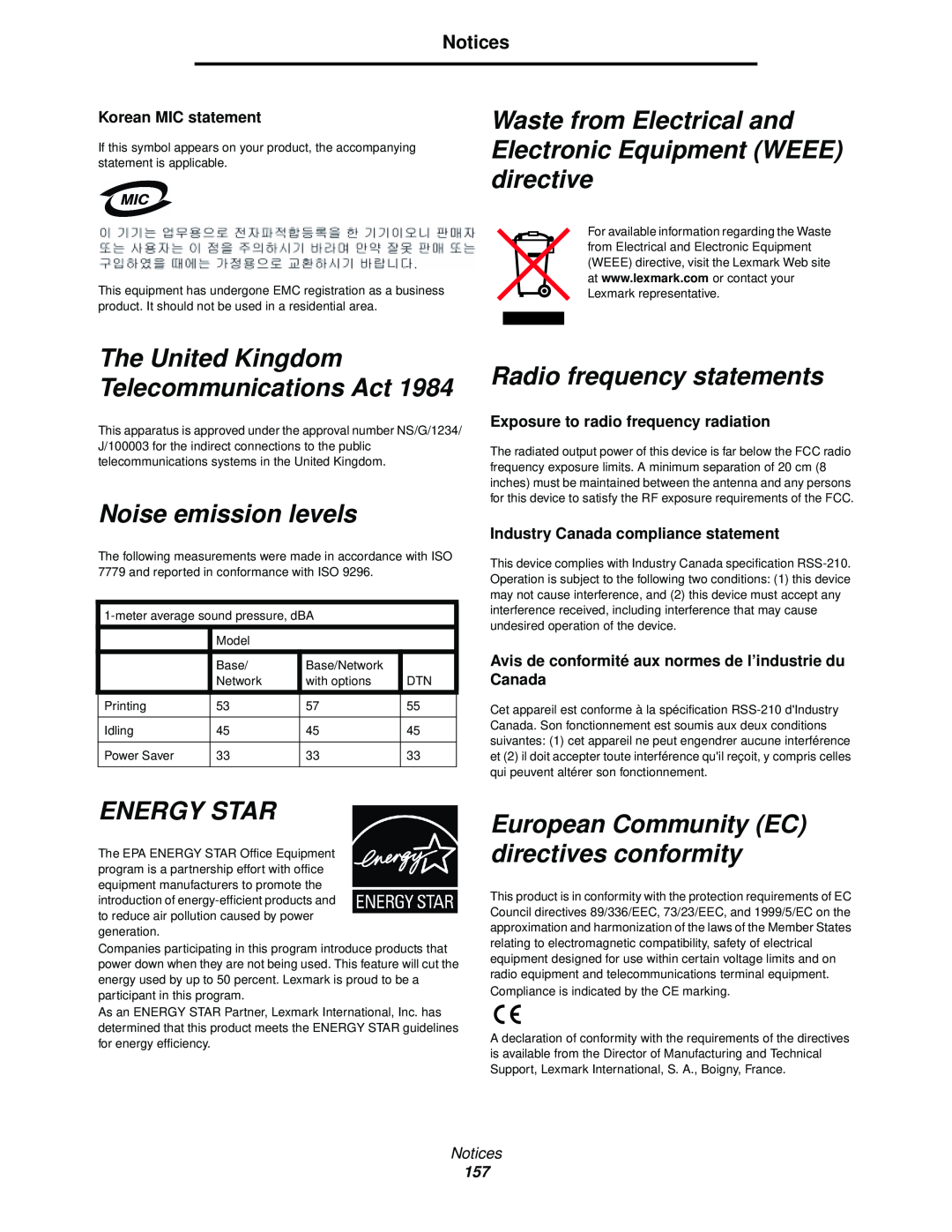 Lexmark 920 Waste from Electrical and Electronic Equipment WEEE directive, Noise emission levels, Energy Star, Notices 