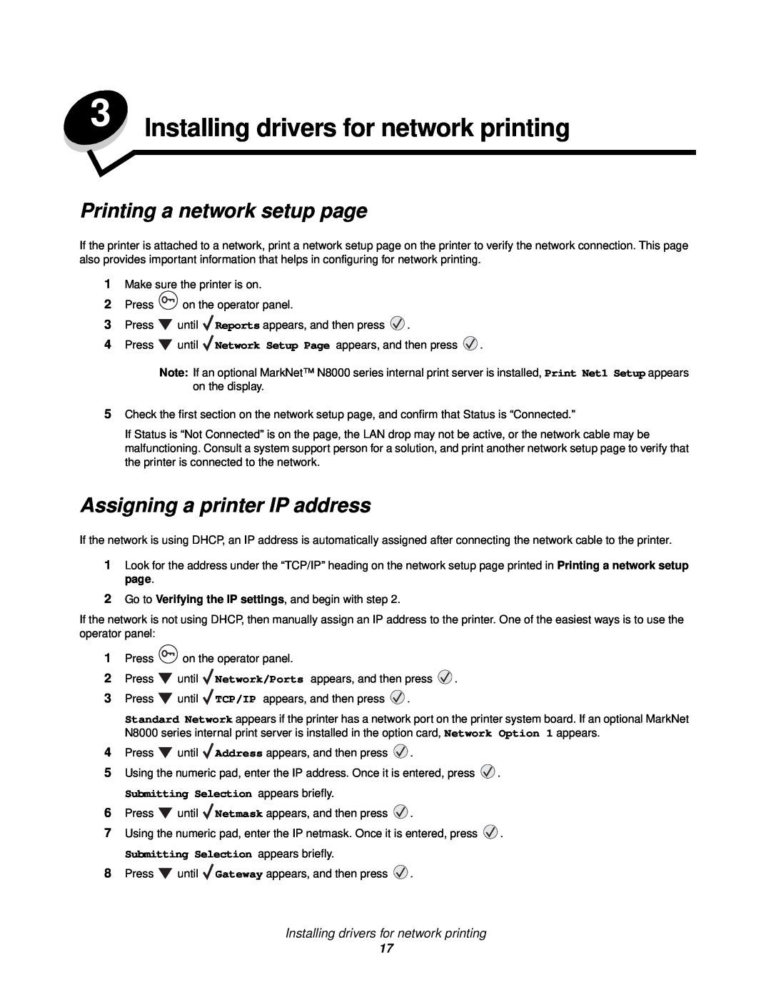Lexmark 920 manual Installing drivers for network printing, Printing a network setup page, Assigning a printer IP address 