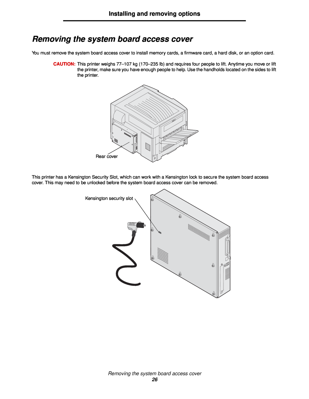 Lexmark 920 manual Removing the system board access cover, Installing and removing options 