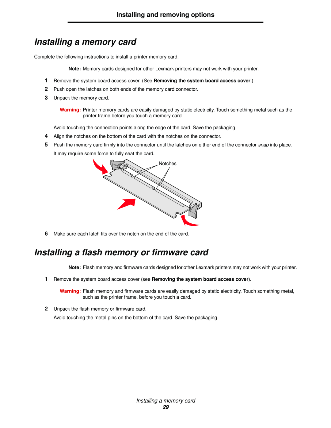 Lexmark 920 manual Installing a memory card, Installing a flash memory or firmware card, Installing and removing options 