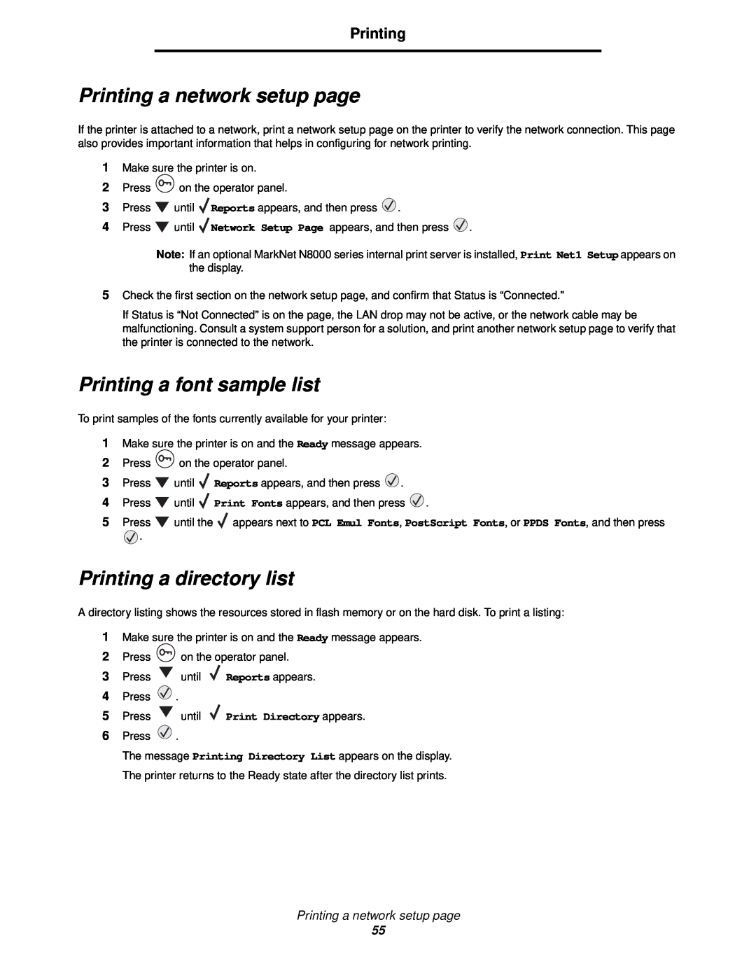Lexmark 920 manual Printing a font sample list, Printing a directory list, Printing a network setup page 