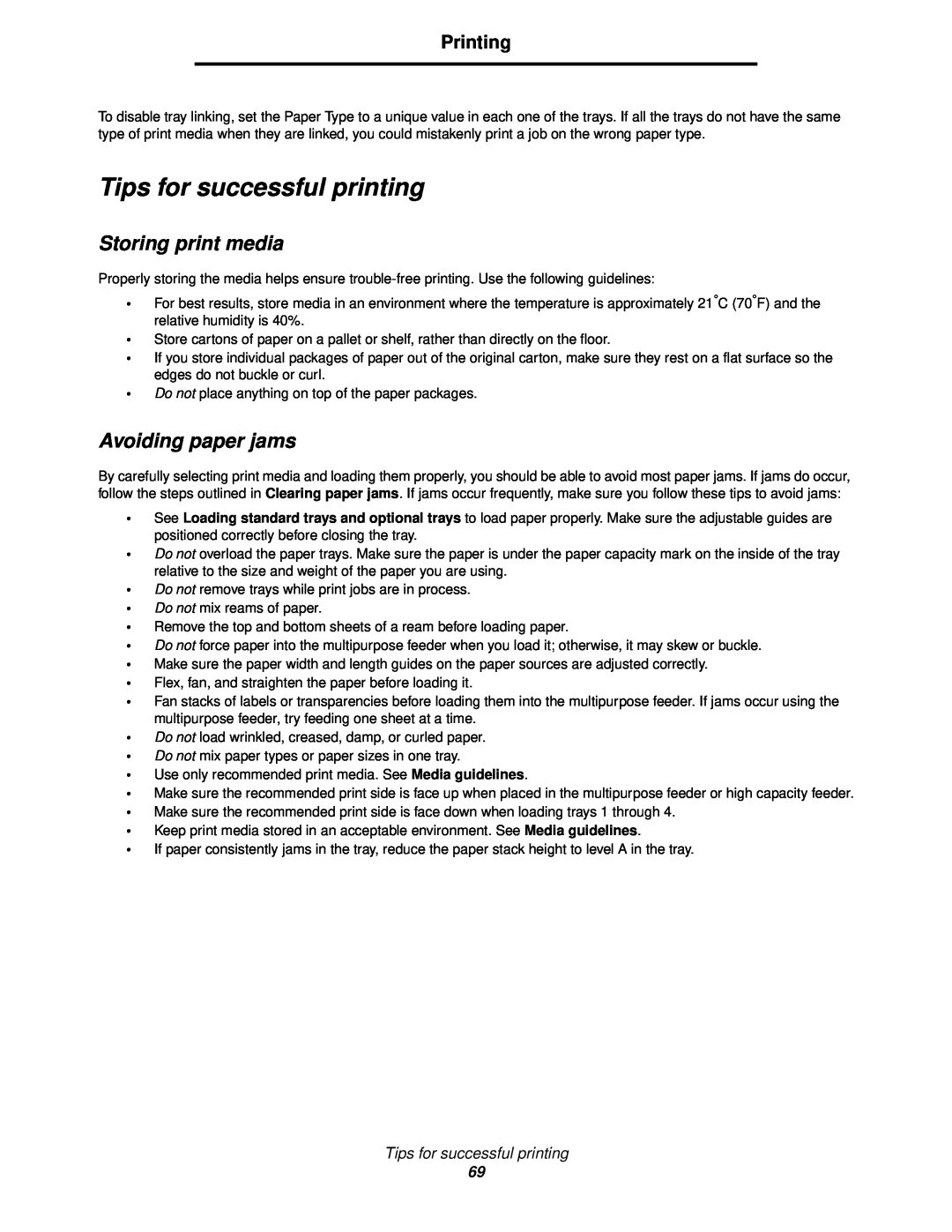 Lexmark 920 manual Tips for successful printing, Storing print media, Avoiding paper jams, Printing 