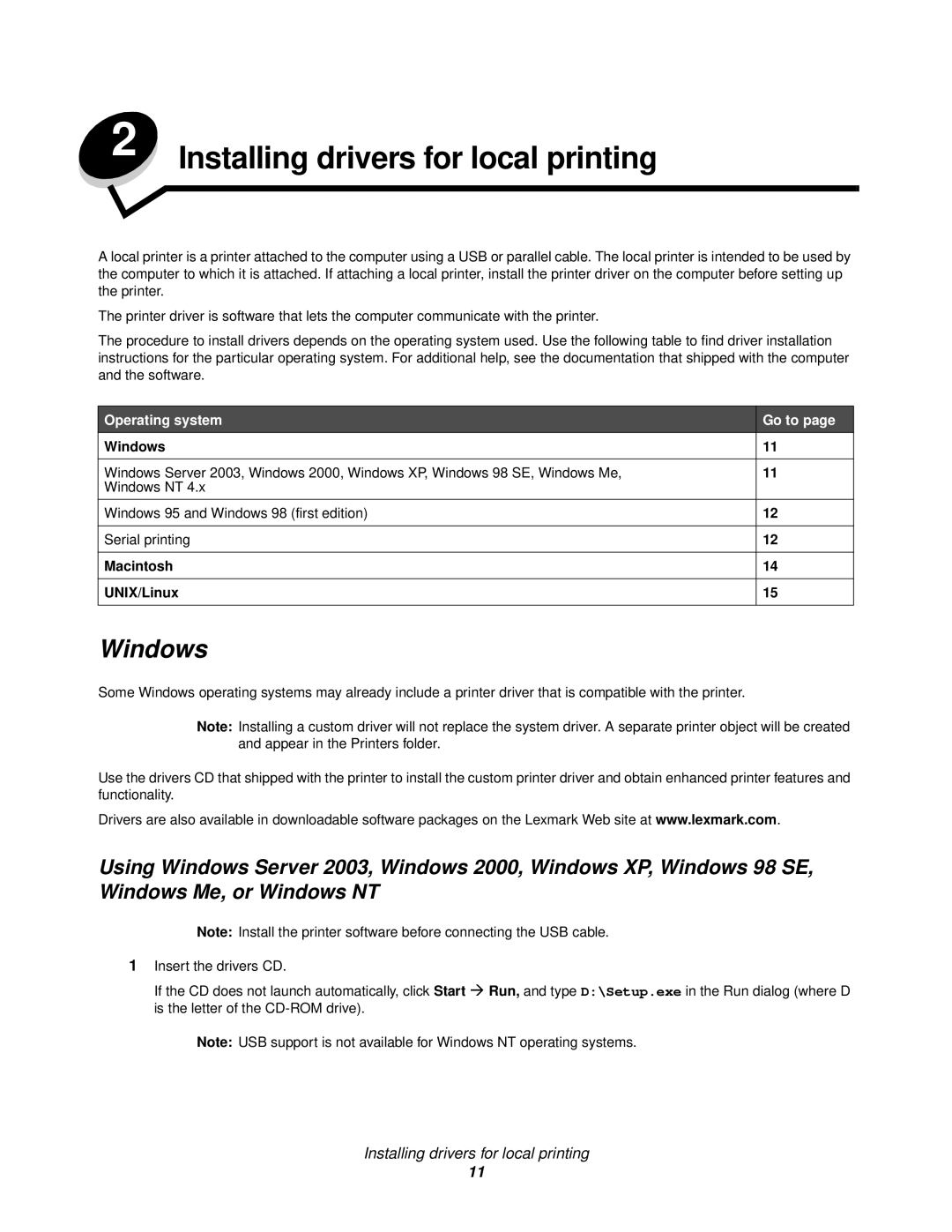 Lexmark 920 manual Installing drivers for local printing, Windows 