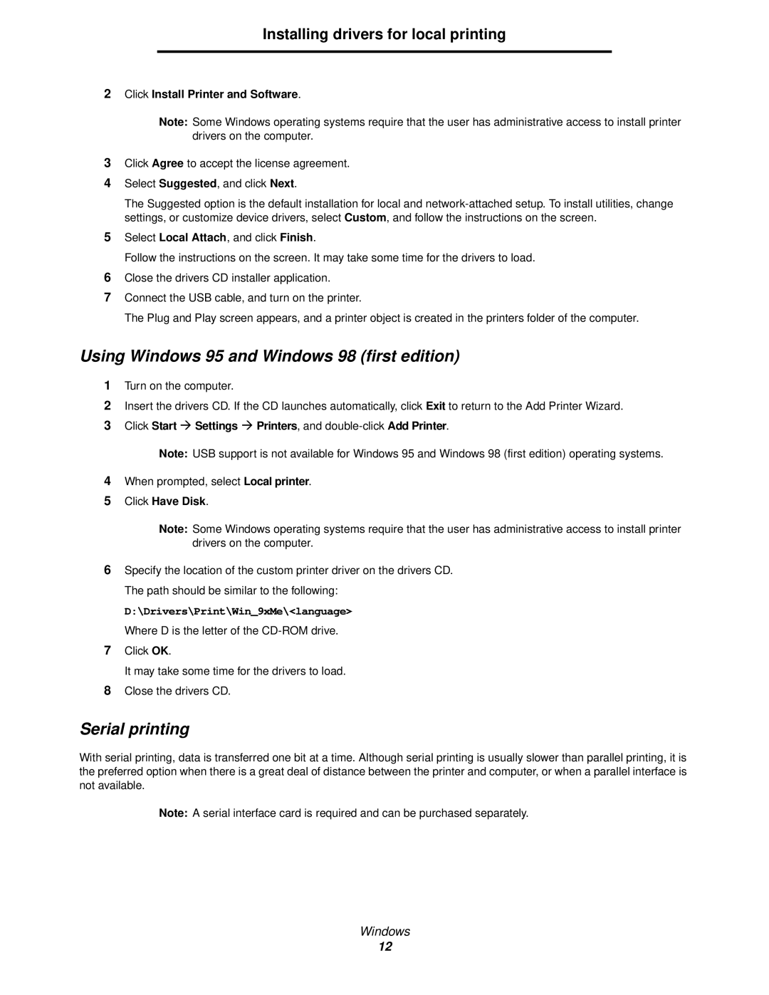 Lexmark 920 manual Using Windows 95 and Windows 98 first edition, Serial printing, Installing drivers for local printing 