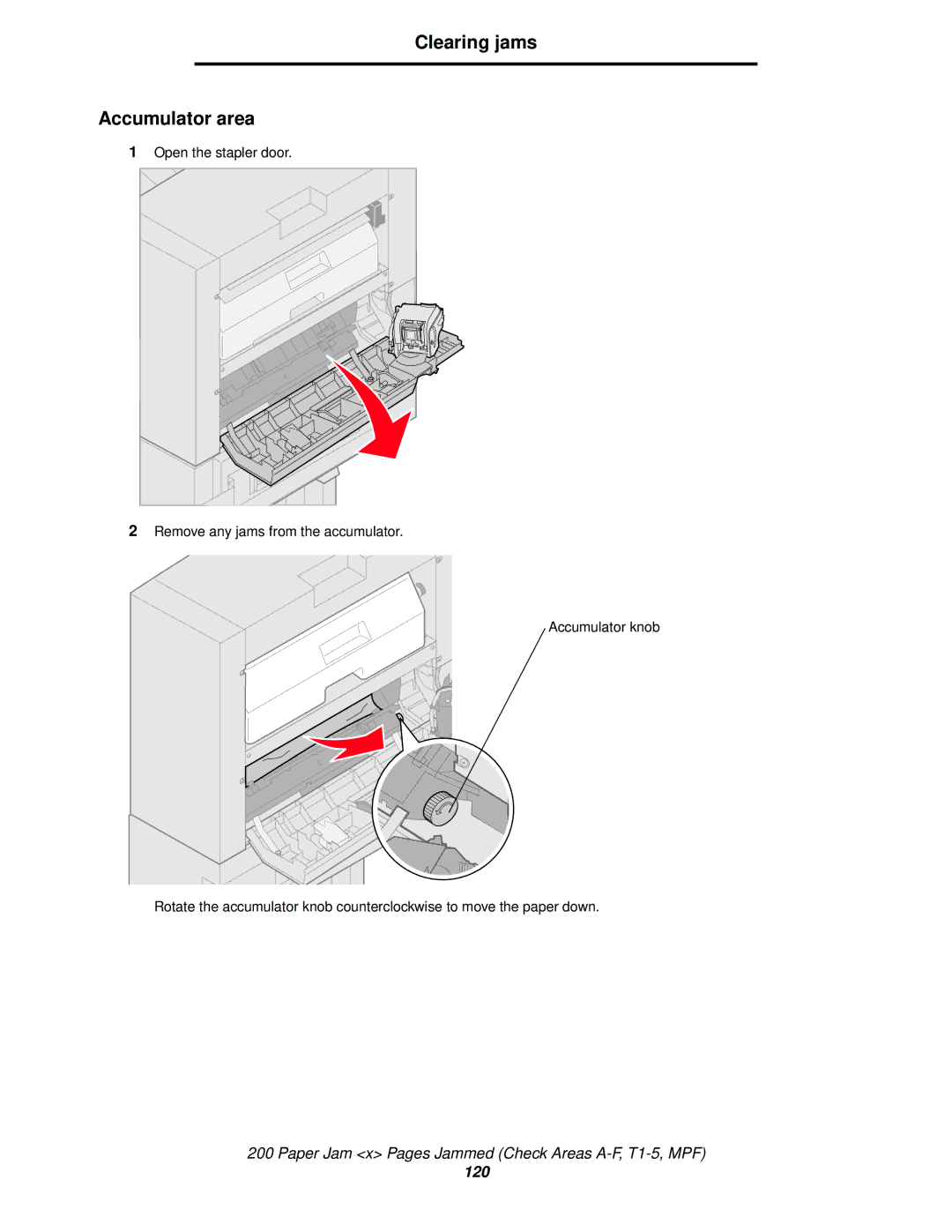 Lexmark 920 manual Clearing jams Accumulator area 