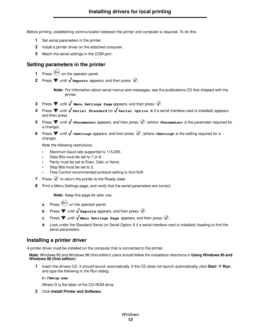 Lexmark 920 manual Setting parameters in the printer, Installing a printer driver 