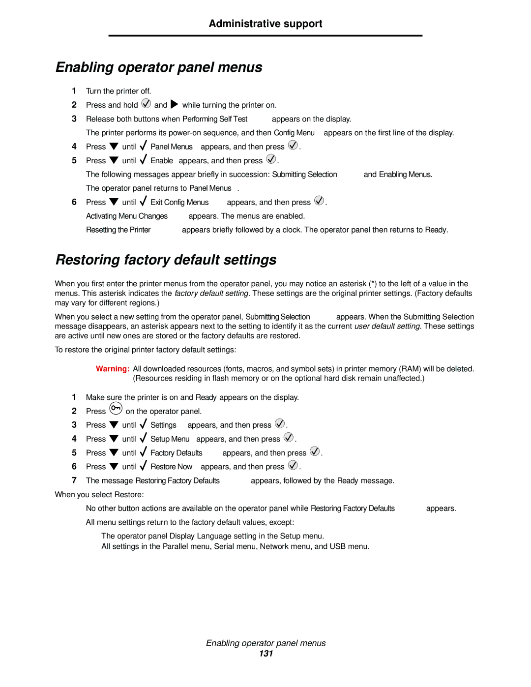 Lexmark 920 manual Enabling operator panel menus, Restoring factory default settings, Administrative support 