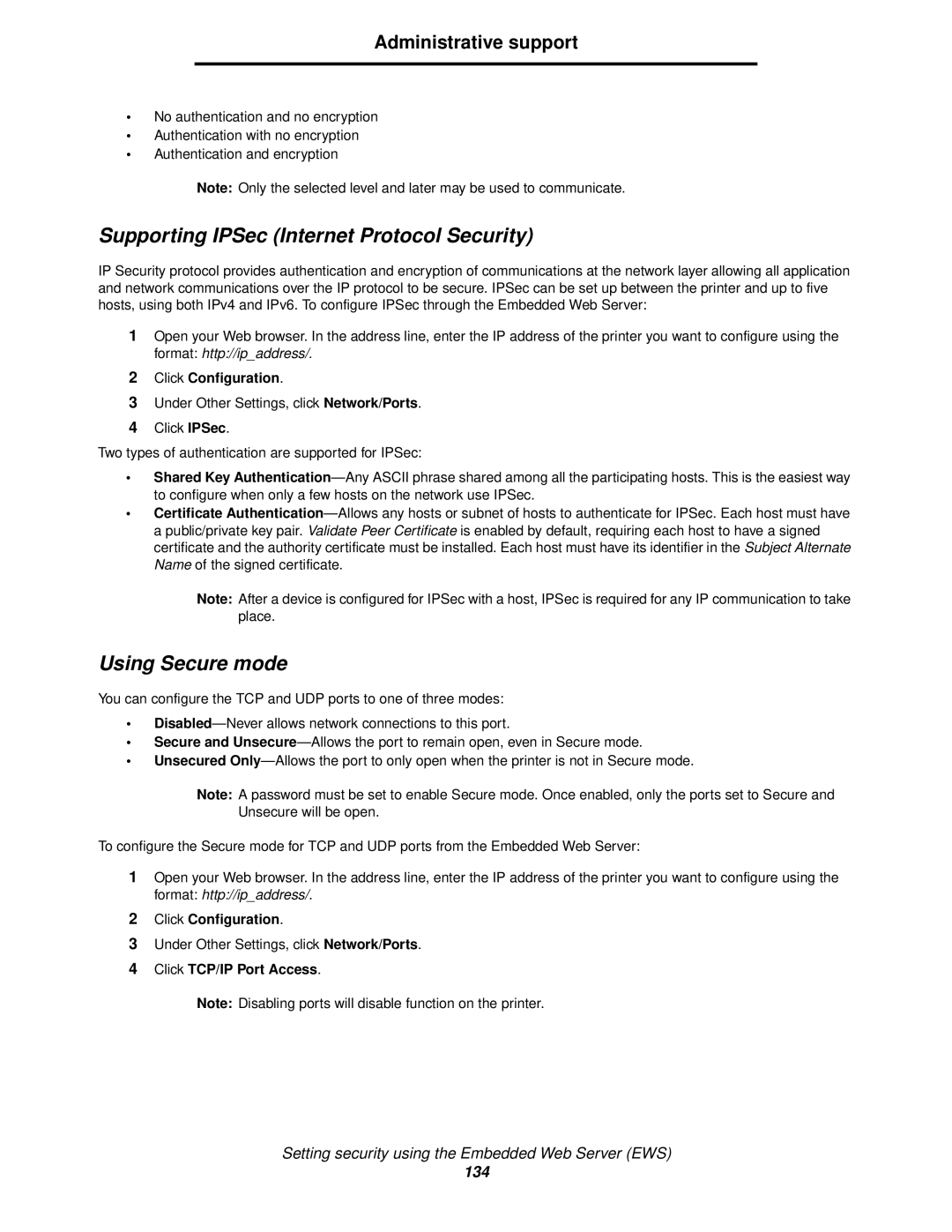 Lexmark 920 manual Supporting IPSec Internet Protocol Security, Using Secure mode, Click TCP/IP Port Access 