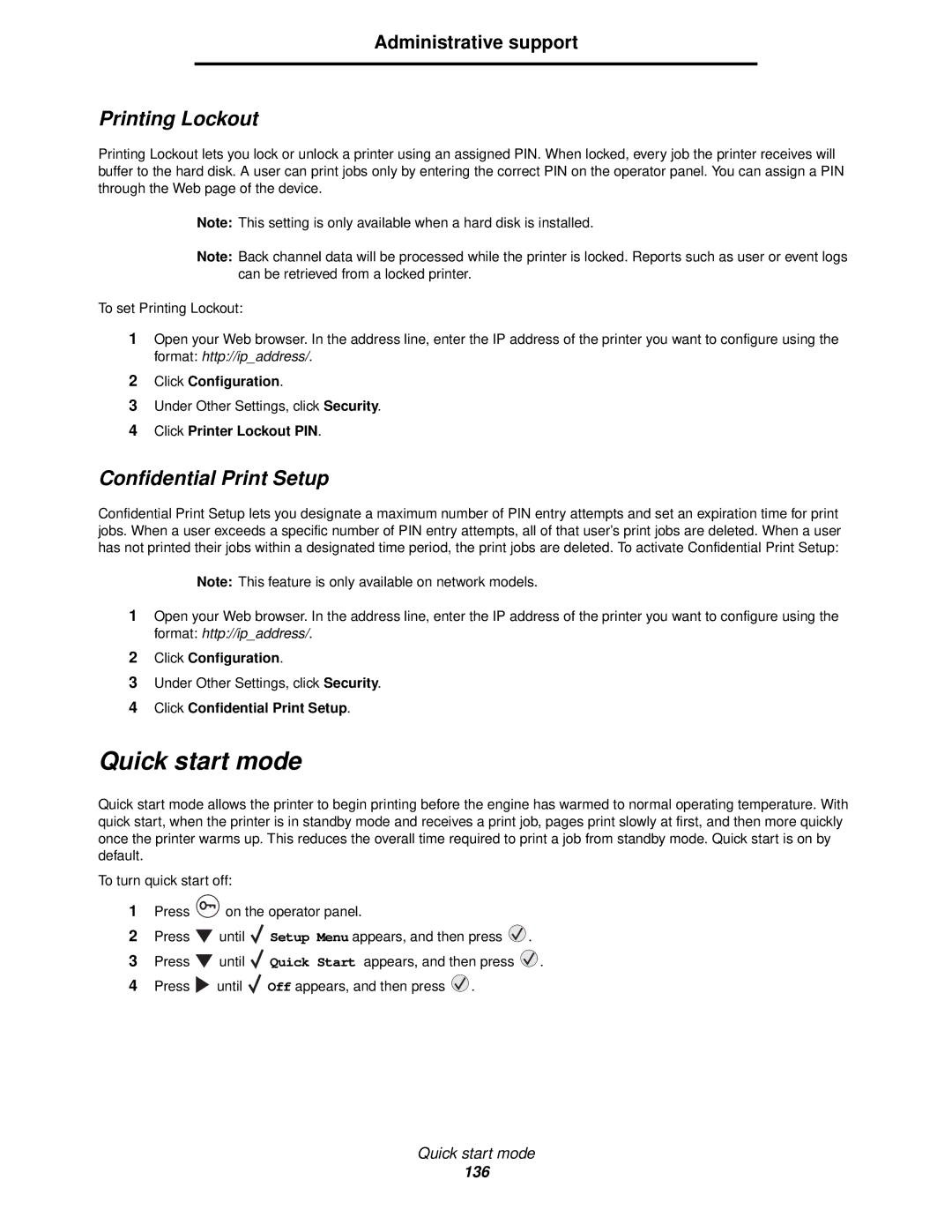 Lexmark 920 manual Quick start mode, Printing Lockout, Confidential Print Setup, Click Printer Lockout PIN 