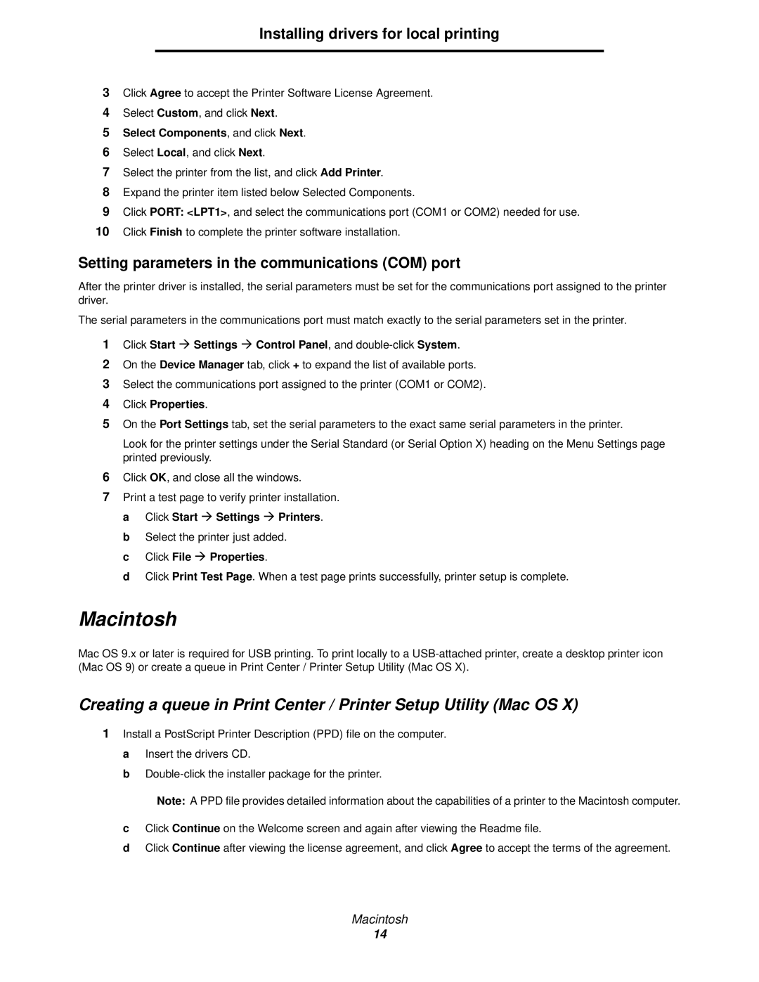 Lexmark 920 manual Macintosh, Setting parameters in the communications COM port, Select Components, and click Next 