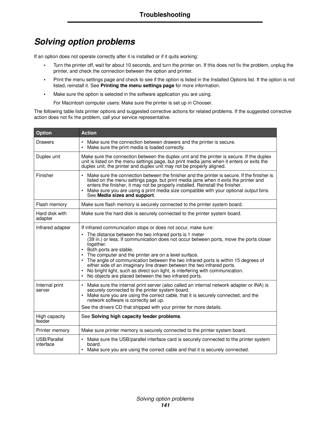 Lexmark 920 manual Solving option problems, See Media sizes and support, See Solving high capacity feeder problems 