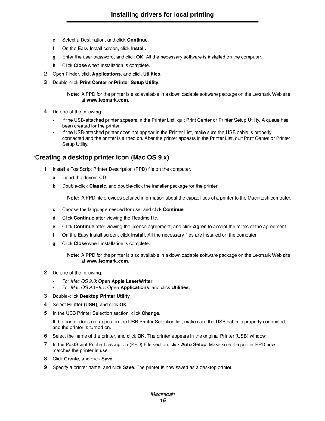 Lexmark 920 manual `Creating a desktop printer icon Mac OS, Double-clickPrint Center or Printer Setup Utility 