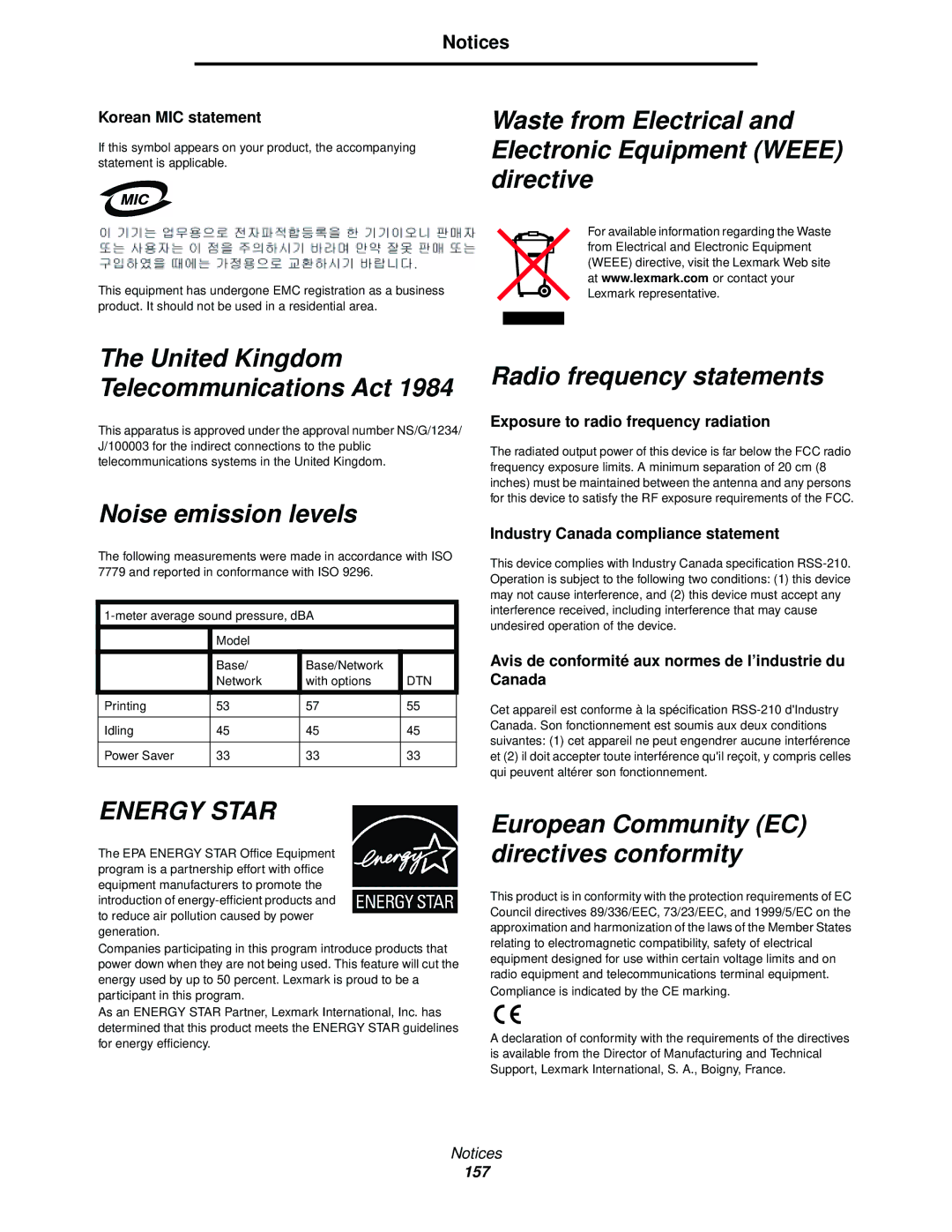 Lexmark 920 manual Noise emission levels, Radio frequency statements, European Community EC directives conformity 