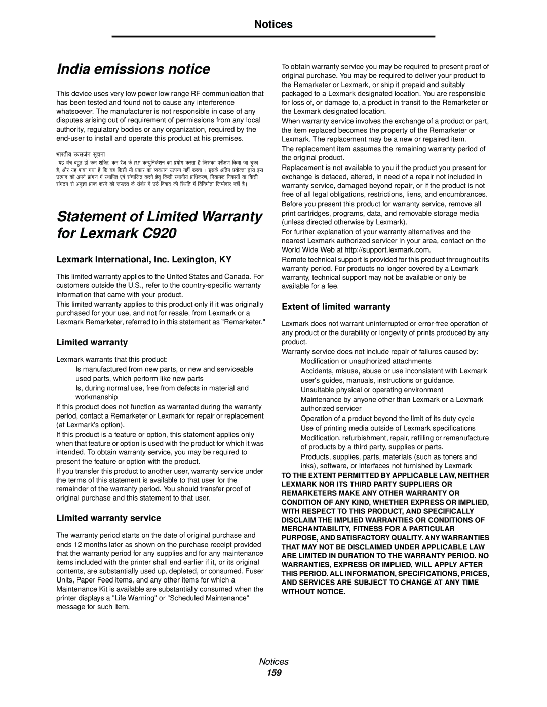 Lexmark manual India emissions notice, Statement of Limited Warranty for Lexmark C920 